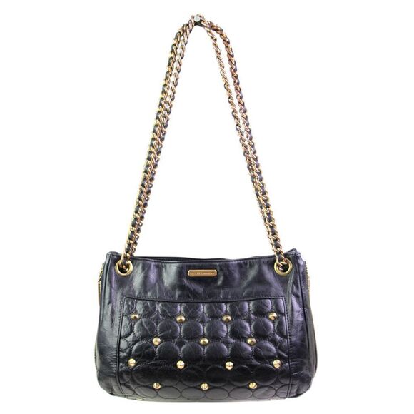 Rebecca Minkoff QUILTED BLACK GENUINE LEATHER STUDS CHAIN SHOULDER BAG PURSE - Picture 1 of 16